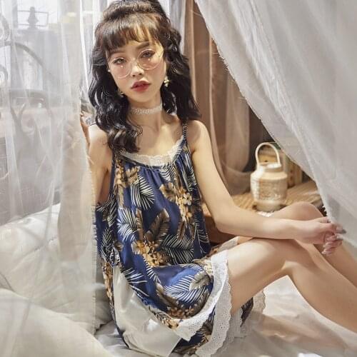 Summer New Leisure Two-piece Suit Ladies Sapphire Blue Pajama Set Sleeveless Spaghetti Strap Sleepwear Women Set Lounge Wear