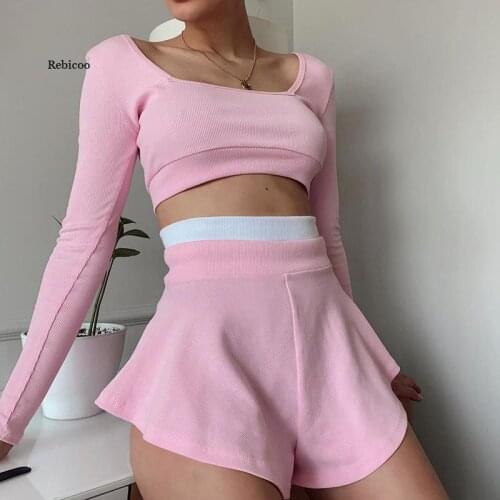 Fashion 2Pcs Set Sport Suit Women Sexy Rib Knit Long Sleeve Crop Top+Shorts Mini Skort Spring Autumn Sportswear Gym Clothes