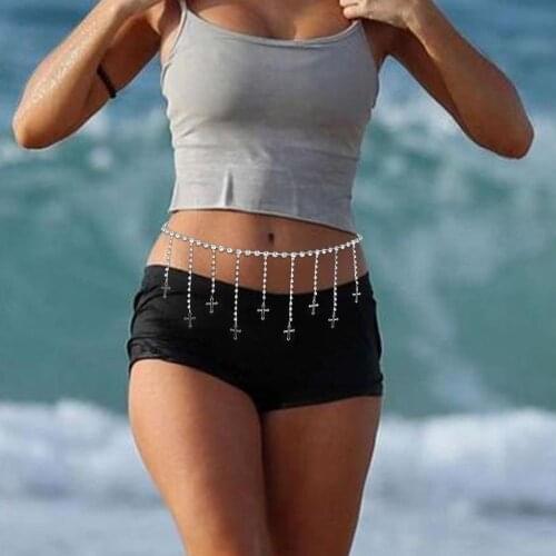 Sexy Rhinestone Tassel Waist Chain Body Jewelry Personality Hip Hop Cross Pendant Body Chain Fashion Crystal Beach Accessories