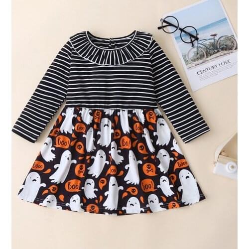 Baby Girl Christmas Dress Striped Pumpkin Ghost Print Long Sleeve Ruffles O-neck Princess Dress Festival Party Baby Clothes 2-6Y