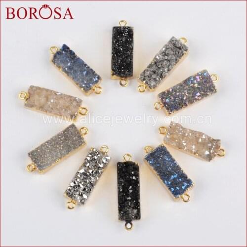 BOROSA Mix Color Drusy Connectors, Rectangle Gold Color Natural Crystal Druzy Titanium Druzy Connector Double Bails Charm G1215