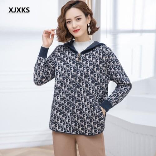 XJXKS Fashion hooded women zipper cardigan 2021 autumn winter new wool knitted sweater women jacket