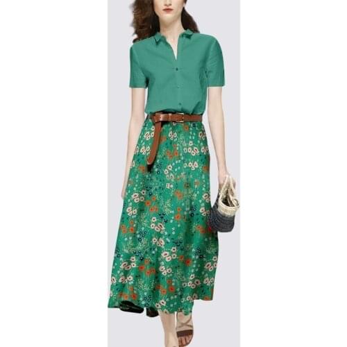 2021 Summer Women Elegant Green Turn Down Collar Short Sleeve Shirt Suits + Flower Print A Line Long Skirt Two Piece Set With Be
