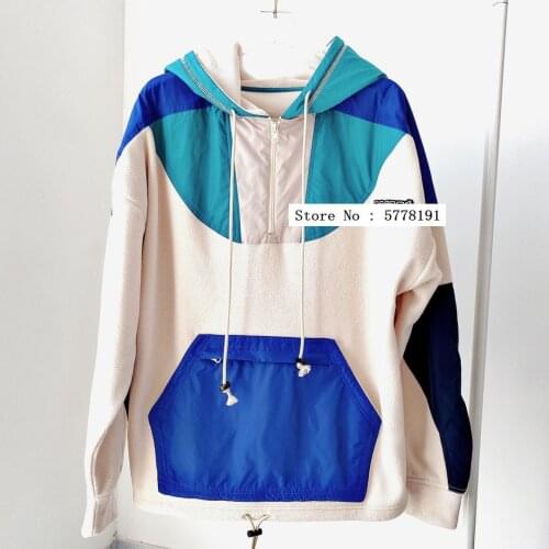 2021SS Woman patchwork Sweatshirt Hooded Ladies Embroidered Drop Shoulder Oversized Pullovers Long Sleeves Front Pocket