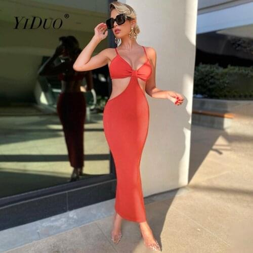 YiDuo Spaghetti Straps Cut Out Sexy Backless Maxi Dress Women Bodycon Club Party Summer Holiday Long Dresses 2021 Black