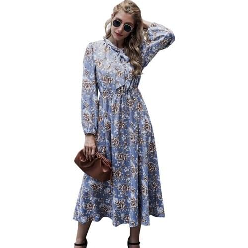 Floral Print Women Midi Dress Fashion Long Lantern Sleeve Bow Collar Elegant Female Party Dresses Casual Plus Size Club Dress