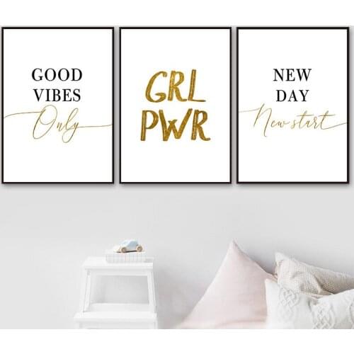Golden Good Vibes Only Quote Wall Posters and Prints Inspirational Words Wall Art Gift Canvas Picture Decorative Painting CH104