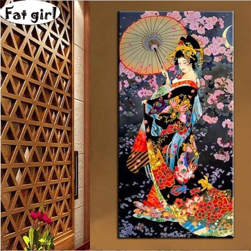 5D large size Full Square round drill Diamond painting Japanese woman under umbrella embroidery Cross stitch resin wall decor