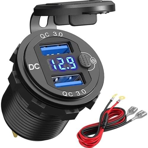 Quick Charger Aluminum QC3.0 Dual USB Car Charger with Switch Button LED Voltage Display for 12V/24V Cars Boats Motorcycle