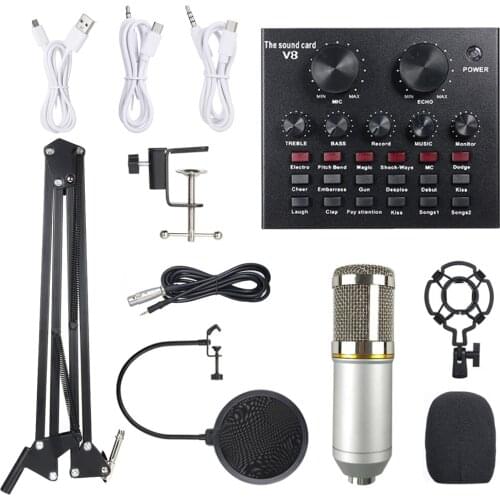BM800 Suspension Microphone Kit Multifunction Live Sound Card Condenser Microphone Set Volume Adjustable Audio Mixer Sound Card