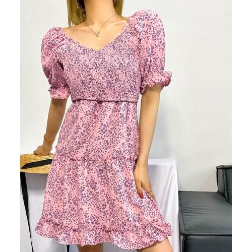 European and American style early spring 2021 womens Pullover short sleeve western style elastic waist cross Printed Dress