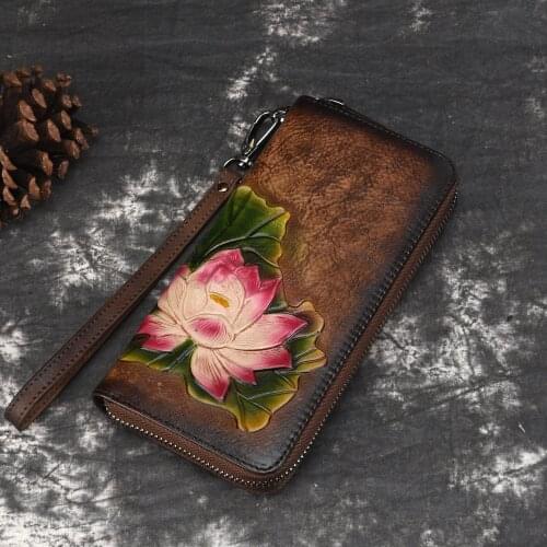 High Quality Genuine Leather Bifold Wallet Clutch Money Bag Lotus Pattern Pocket Retro Multi-Cards Holder Clip Wrist Long Purse