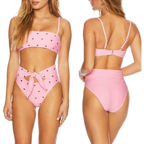 Cute Women Push Up Bikini Set Bra Padded Push-Up Swimwear Love Heart Print Beachwear Pink Color Sexy Waist Bandage Ladies Bikini