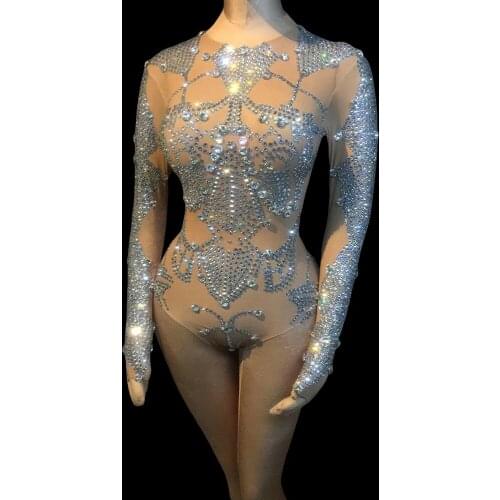 Fashion Nude Color Crystal Bodysuit Women Elastic Tights Rhinestone Bodysuit Otard Nightclub Pole Dance Leotard Stage Costumes