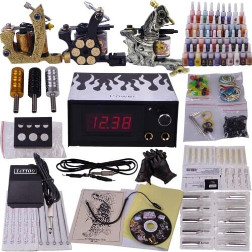 Professional Complete Tattoo Kit Set Tattoo Machine Power Supply 3 guns 40 Color Inks Disposable Needles Tips Tattoo Supplies