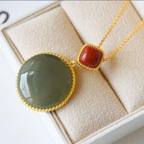 New silver inlaid natural Hetian jade Round Pendant Necklace Chinese style retro elegant light luxury charm womens jewelry