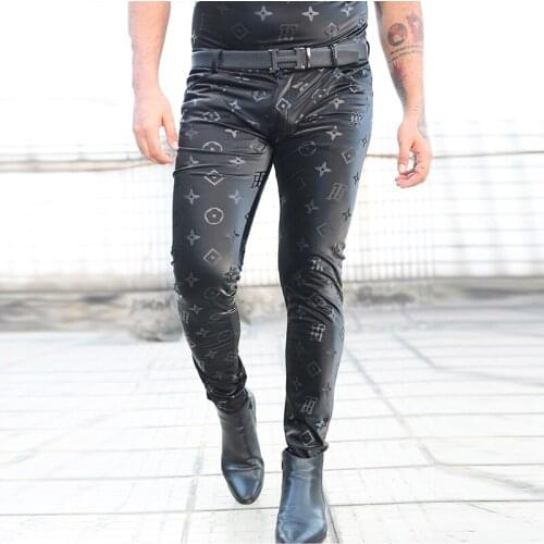 Sexy Men PU Leather Latex Exotic Pants Zip Open Crotch Skinny Slim Soft Shell Pant Fetish Wetlook Gay Club Dance Trousers Wear
