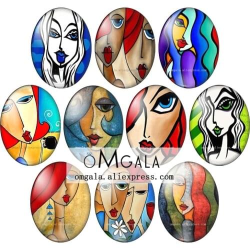 Colorful Artistic Abstract Women Face Patterns mixed 13x18mm/18x25mm/30x40mm Oval photo glass cabochon flat back Making findings