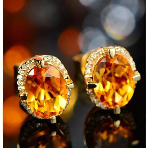 Luxury Citrine Gemstone Stud Earrings For Women 14K Yellow Gold Earring Fine Jewelry Oval Cut Yellow Crystal AAA Zircon Earring