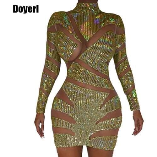 Luxury Party Sexy Dress Women Slim Elegant Sheer Mesh Rhinestone Dress Sheath See Through Mini Short Runway Bodycon Club Dress