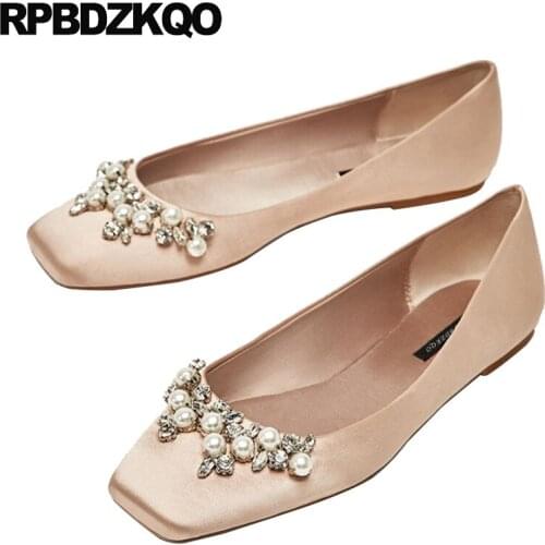 Satin Pearl Wedding Ballet Shoes Rhinestone Ladies Beautiful Metal Nude Flats Sparkling 2017 Women Slip On Spring Autumn