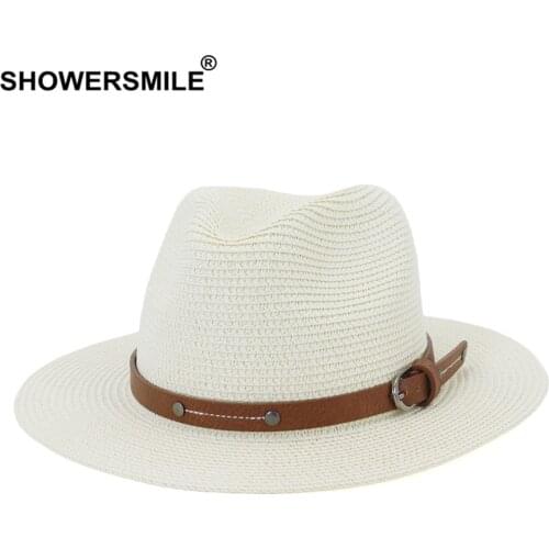 SHOWERSMILE White Panama Hat Straw Summer Hats for Women Men Fedora Wide Brim Belt Decorate British Style Jazz Sombrero Cap