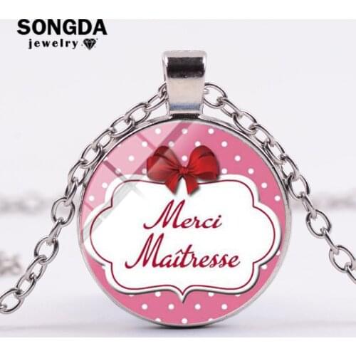 SONGDA Fashion Sweet Style Merci Mistress Necklace Teacher Gift High Quality Glass Cabochon Pendant Chain Necklace Quote Jewelry
