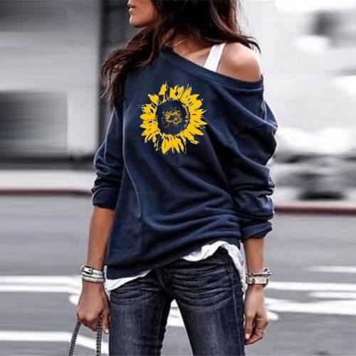 Umeko Off-the-shoulder Sunflower Print Sweatshirt Warm Womens Casual Solid Versatile Multicolor Loose Sweater S-5XL Plus Size