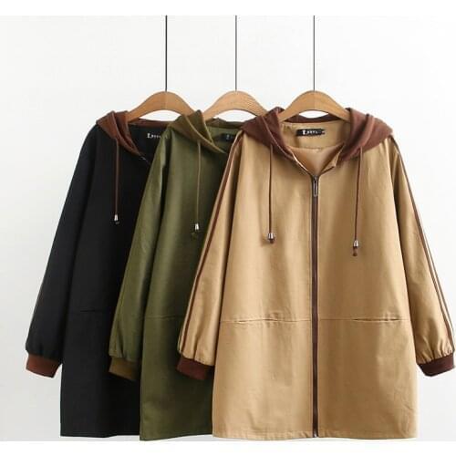 Large size womens Trench Coat spring Casual Fashion Loose Hooded Windbreaker Zipper Pocket Coat Female Medium Long Windbreaker