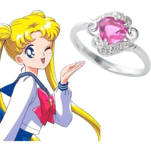 Japan Anime Sailor 925 Sterling Silver Pink Heart Engagement Rings Cosplay Jewelry Women Couple Lover Aniversary Birthday Gifts