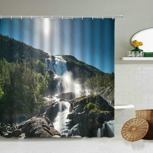 Natural Landscape Shower Curtain Waterfall Rocks Green Plants Sunshine Photography Bathroom Decor With Hook Waterproof Screen