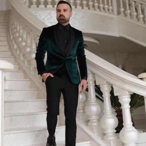 Green Velvet One Button Wedding Groom Tuxedos Shawl Lapel Men Suits Party Blazer Prom Business Designer (Jacket+Pants)