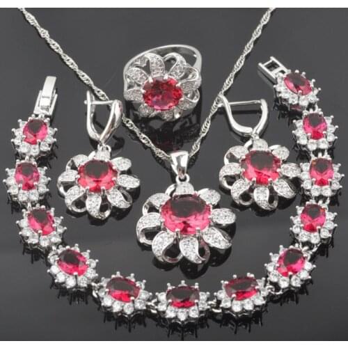 Rose Red Zirconia Sun Flower Silver Color For Women Party Jewelry Sets Bracelet Necklace Pendant Earrings Ring QS0353