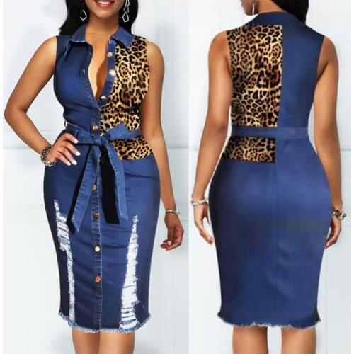 Button Down Denim Sexy Dress Ladies Leopard Print summer dresses Jean Long Shirt dress women summer vestido elbise robe sukienka