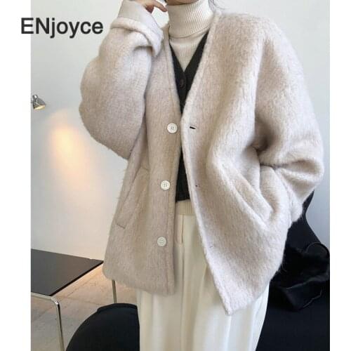 Women Mohair Wool Coat Ladies Winter Single Breasted V Neck Outwear Jacket High Quality Oversize Warm Thick Luxury Overcoat