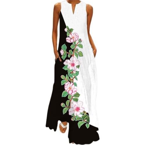 Lady Dress Floral Printing Comfortable to Wear Summer V-Neck Sleeveless Pocket Maxi Dress for Home