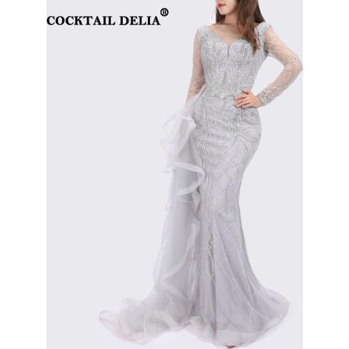 Silver Black V-Neck Dubai Evening Dresses Luxury Beading Mermaid Prom Dresses 2021 Formal Long Sleeves Women Elegant Weddings