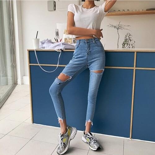 2021 High Waist Pants Women Fashion Slim New Stretchy Skinny Broken Hole Pencil Pants Solid Streetwear Trousers Womens Spring