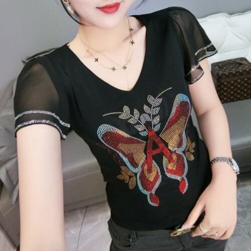 #6089 Summer Mesh Tops Black Red Slim Casual T Shirt Women Diamonds Sexy Basic T Shirt Female Short Sleeves V Neck Korean Style