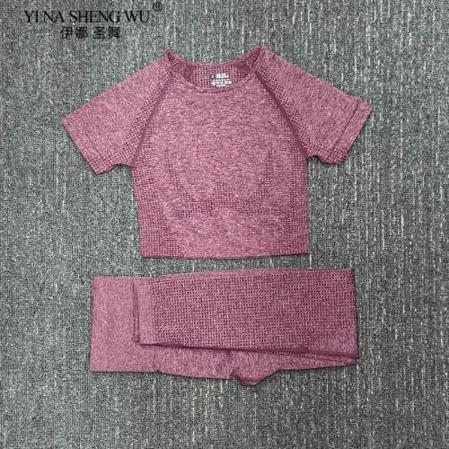 2 Piece Seamless Yoga Sport Suit Short Sleeve Fitness Crop Top High Waist Sportswear Leggings Women Gym Workout Clothes Yoga Set