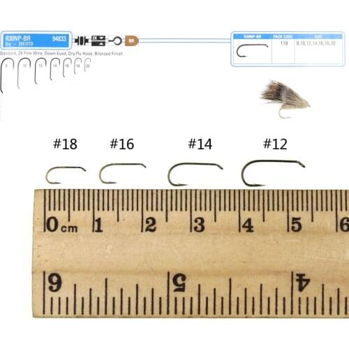 Bimoo 20PS 2X Fine Wire Down Eye Standard Dry Fly Hook Bronzed Finish Sharp Dry Fly Tying Hook for Caddis Flies size 12 14 16 18