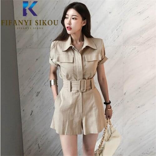 Two piece set Women 2021 Summer Short Sleeve Lapel Shirt Jacket And High waist Wide leg Shorts Fashion Khaki 2 piece set Women