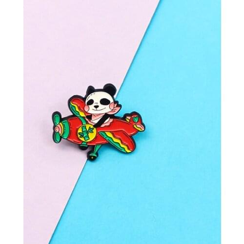 Panda pilot Enamel Brooch Lovely animals Panda flies plane Lapel Pin Cartoon badge jewelry kids gifts