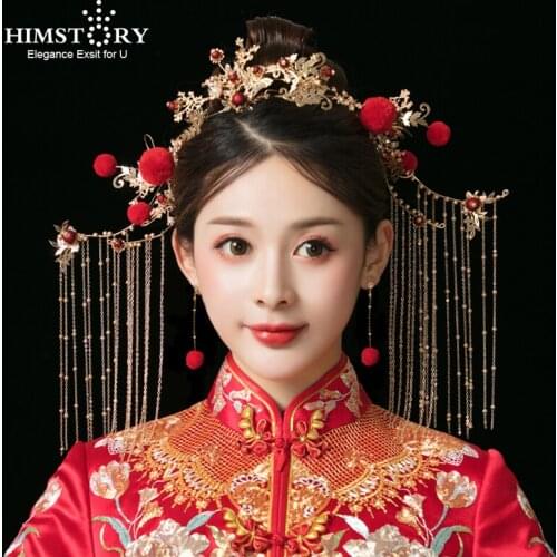 HIMSTORY Traditional Chinese Bridal Headdress Costume Red Hairpins Beaded Gold Tassel Ancient Wedding Jewelry Hair Accessories