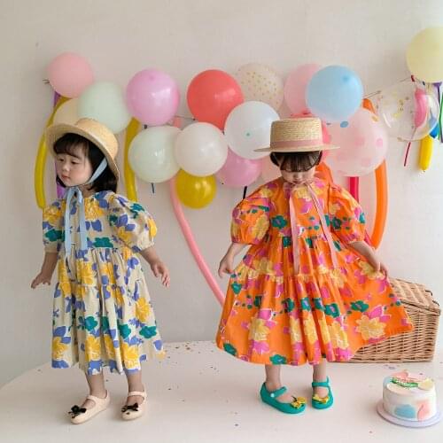 Summer New Kids Dresses Korean Style Big Flower Print Girls Cute Dresses Baby Puff Sleeve Princess Dress For Girl Kids Clothes