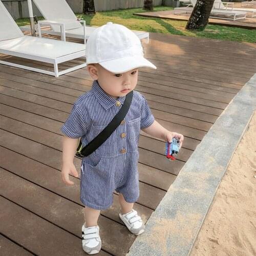 Summer Cute Baby Jumpsuit Thin ChildrenS Clothing Pocket Buttons Striped Denim One-Piece Clothes Boys Girls Toddler Kids Romper