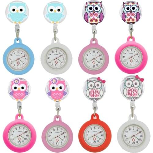 Nurse doctor Retractable badge reel hang lovely cute owl pocket watches gift for hospital medical women ladies brooch clip clock