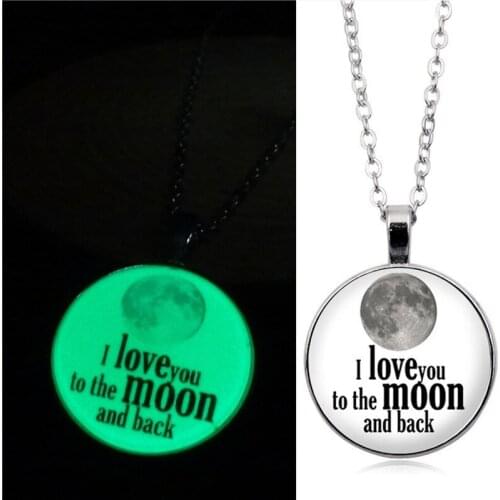 Fashion Luminous Glass Pendant Necklace Classic Letter I Love You To The Moon Back Glow In The Dark Necklace Jewelry Men Women