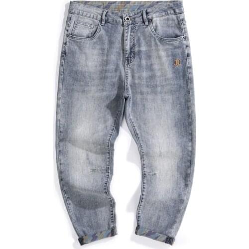 Mens Copped Trousers 2021 Summer Jeans For Men Harem Pants Light Blue Stretch Wide Leg Pants Branded Mens Clothing Trousers