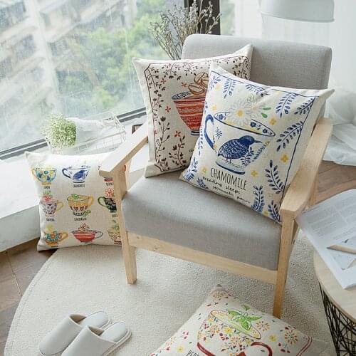 Cushion Cover Pillow Case Floral Bird Coffee Cup For Sofa Seat Cotton Linen Home Decorative 45*45cm Pillow Cover